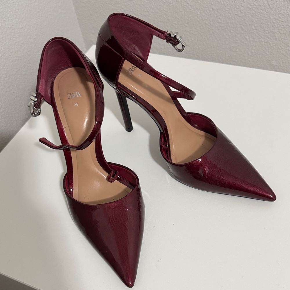 Zara Burgundy Patent Pointed-Toe Ankle-Strap Heels